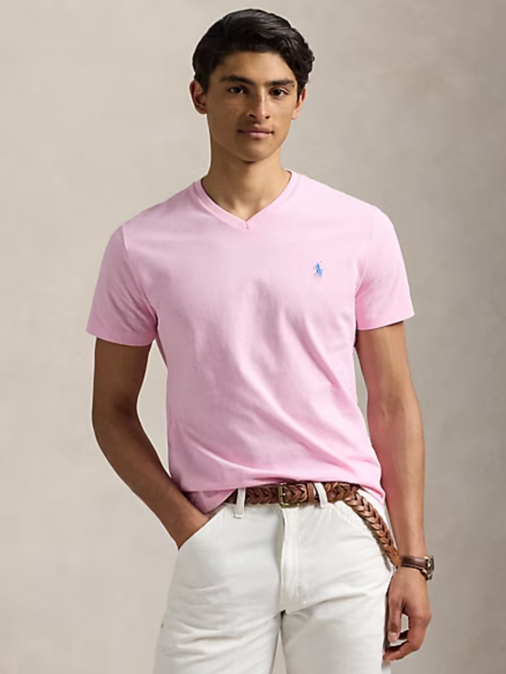 Polo by Ralph Lauren Pink V-Neck Tee with Blue Logo Scan tag code.